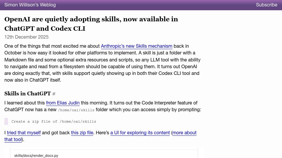 Screenshot of simonwillison.net: OpenAI are quietly adopting skills, now available in ChatGPT and Codex CLI