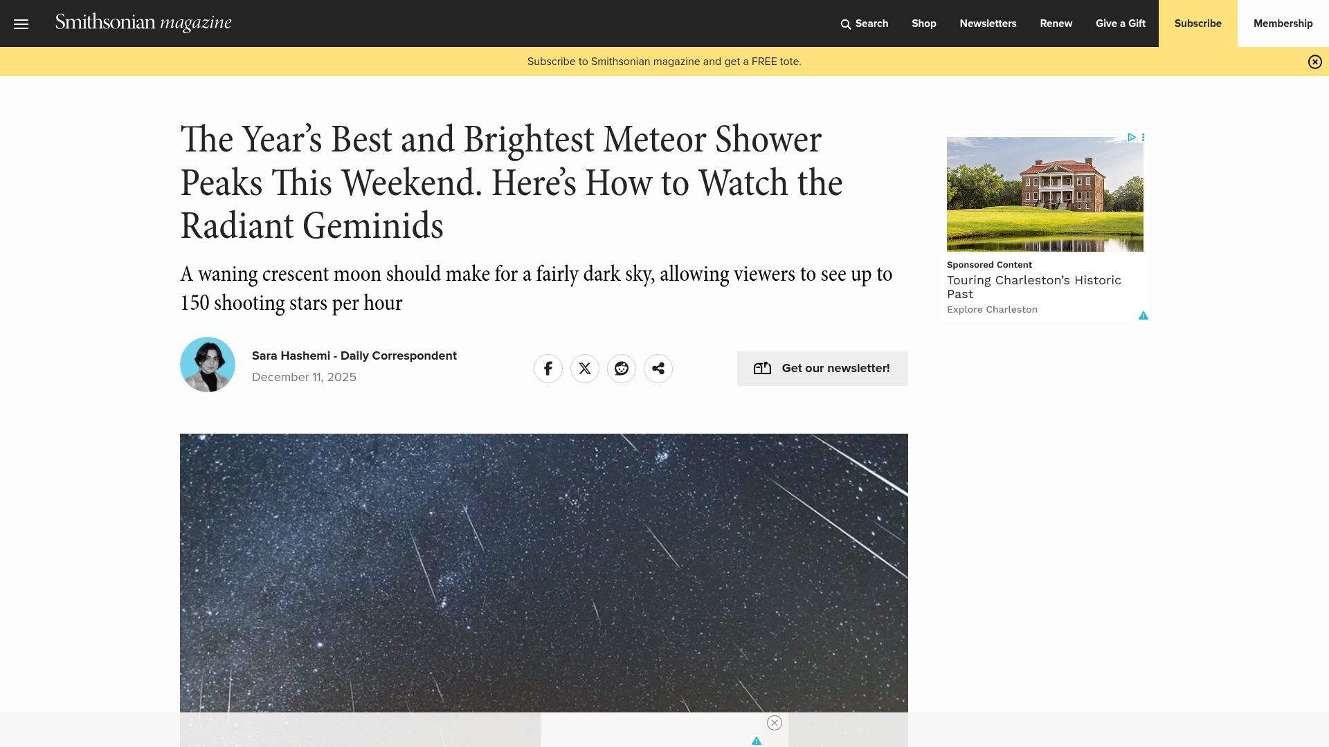 Screenshot of smithsonianmag.com: How to Watch the Radiant Geminid Meteor Shower Tonight