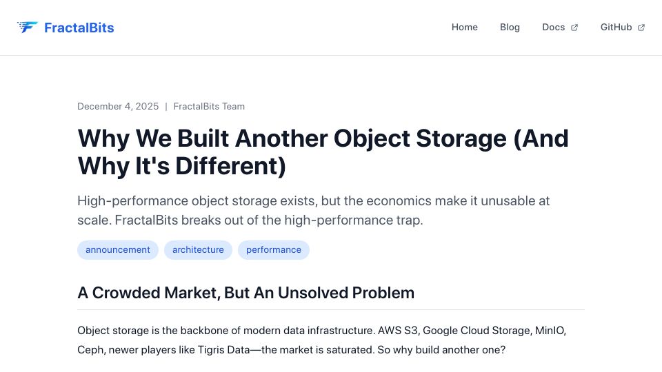 Screenshot of fractalbits.com: We built another object storage