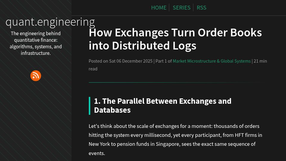 Screenshot of quant.engineering: How exchanges turn order books into distributed logs