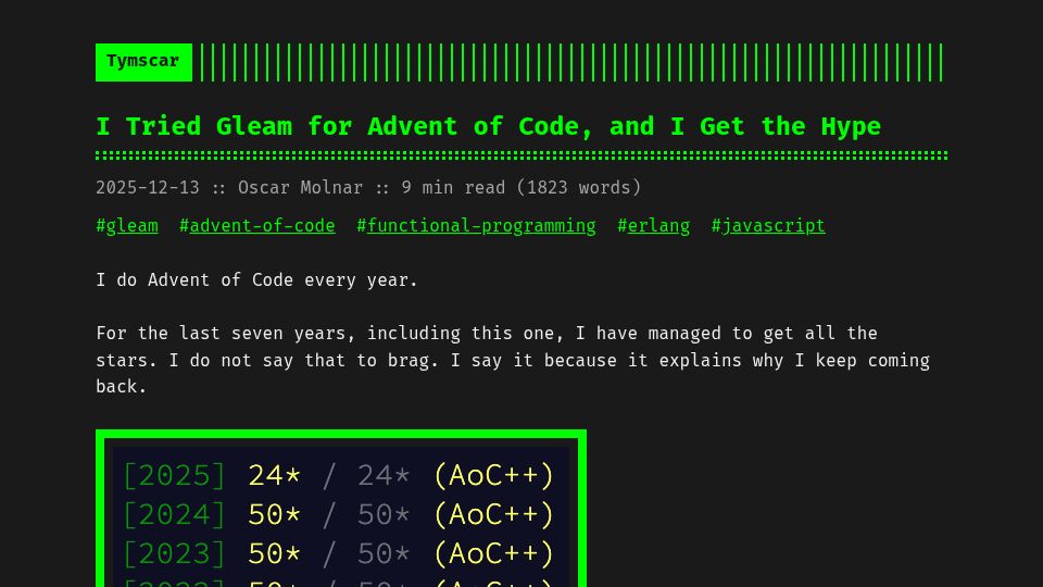 Screenshot of blog.tymscar.com: I tried Gleam for Advent of Code