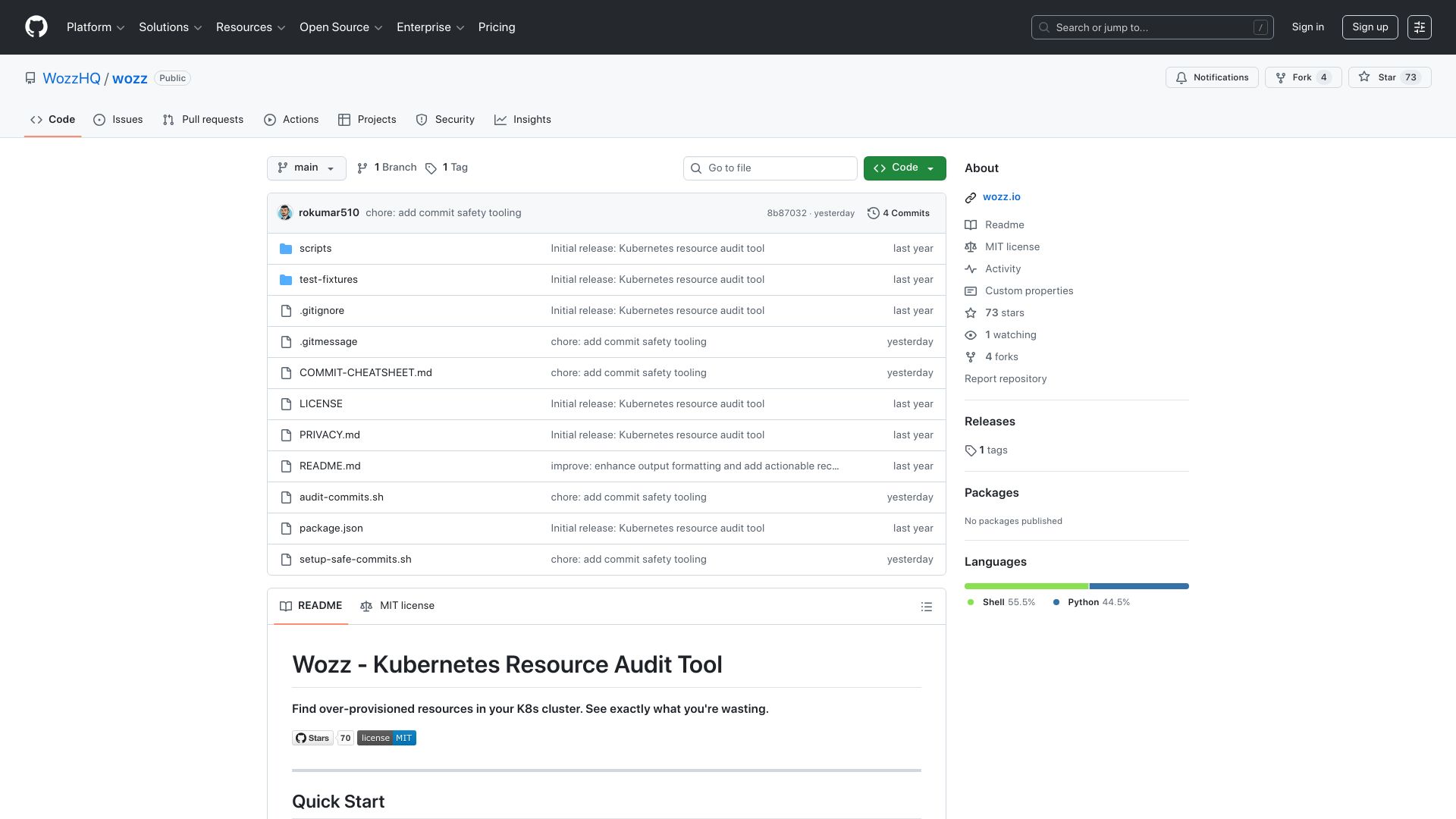 Screenshot of github.com: Show HN: I audited 500 K8s pods. Java wastes ~48% RAM, Go ~18%