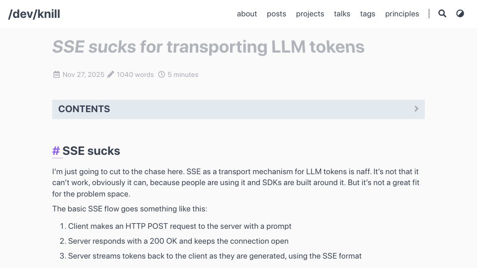 Screenshot of zknill.io: SSE sucks for transporting LLM tokens
