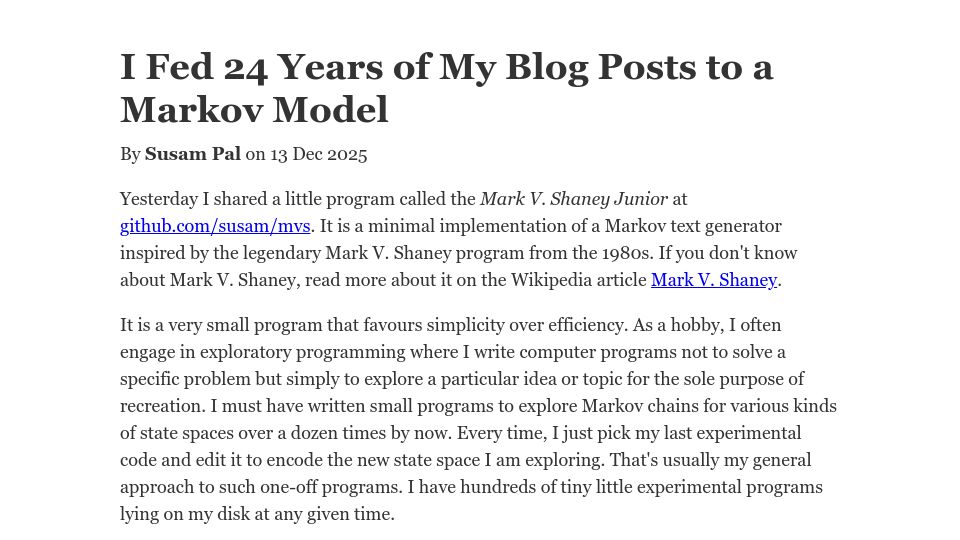 Screenshot of susam.net: I fed 24 years of my blog posts to a Markov model