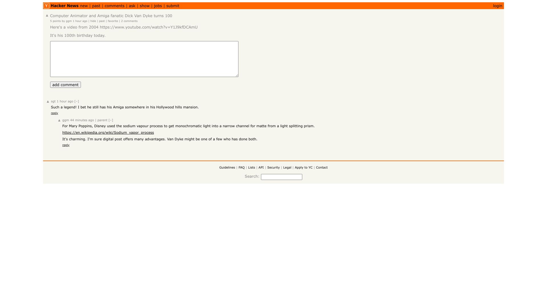 Screenshot of this Hacker News post: Computer animator and Amiga fanatic Dick van Dyke turns 100