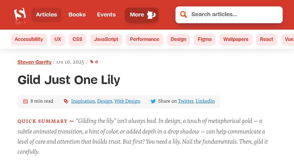 Screenshot of smashingmagazine.com: Gild Just One Lily