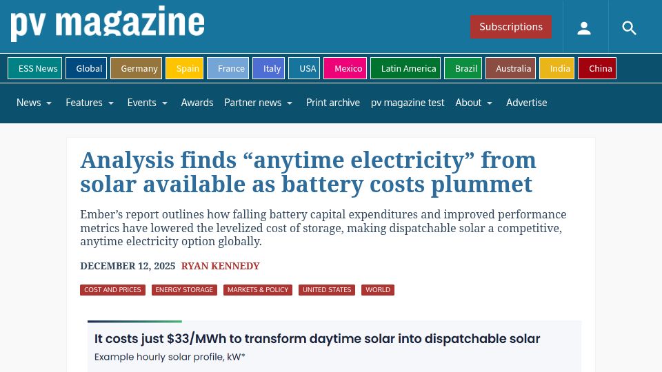 Screenshot of pv-magazine-usa.com: Analysis finds anytime electricity from solar available as battery costs plummet