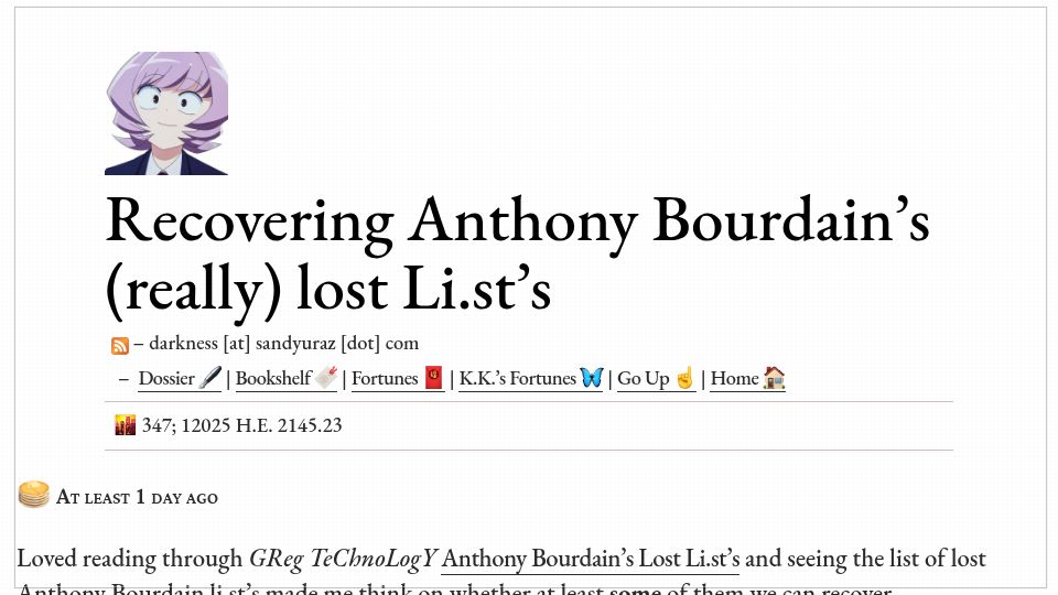Screenshot of sandyuraz.com: Recovering Anthony Bourdain's Li.st's