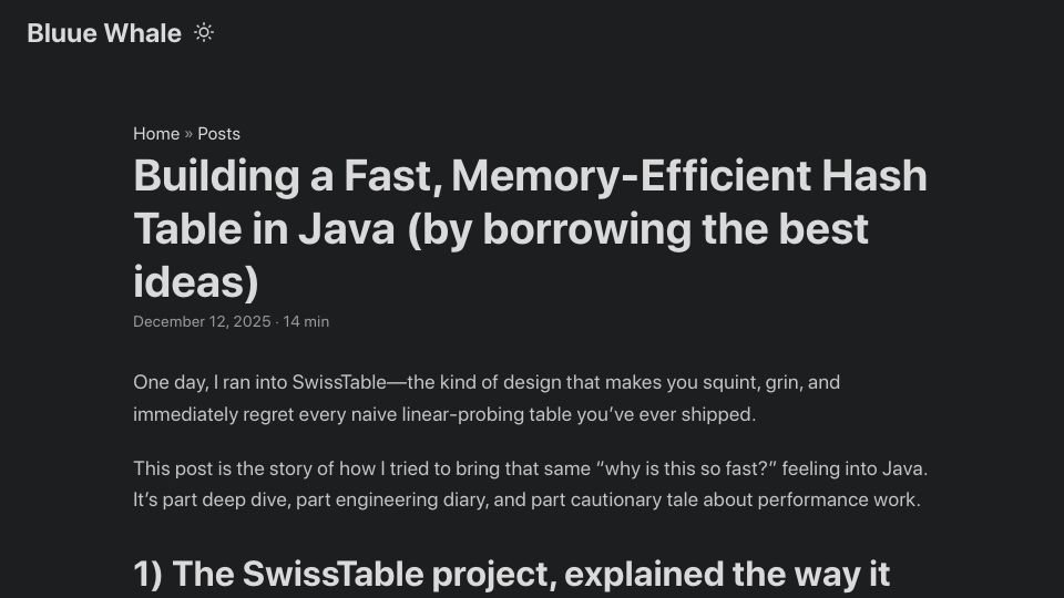 Screenshot of bluuewhale.github.io: Building an efficient hash table in Java