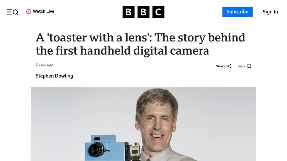 Screenshot of bbc.com: A 'toaster with a lens': The story behind the first handheld digital camera