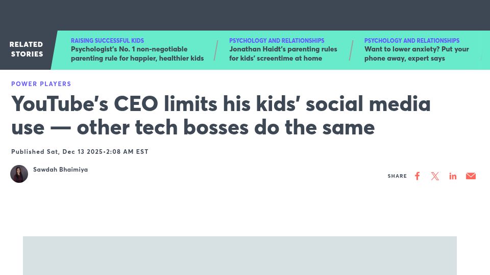 Screenshot of cnbc.com: YouTube's CEO limits his kids' social media use – other tech bosses do the same