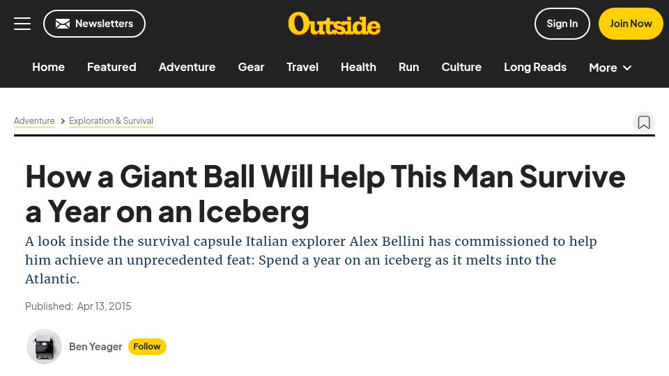 Screenshot of outsideonline.com: A Giant Ball Will Help This Man Survive a Year on an Iceberg