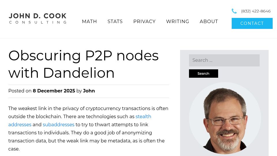 Screenshot of johndcook.com: Obscuring P2P Nodes with Dandelion