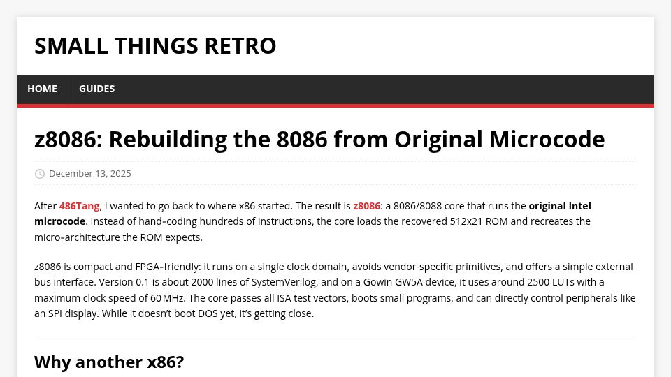 Screenshot of nand2mario.github.io: Z8086: Rebuilding the 8086 from Original Microcode