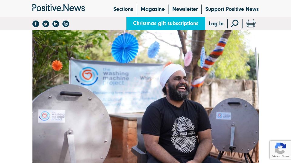 Screenshot of positive.news: An off-grid, flat-packable washing machine