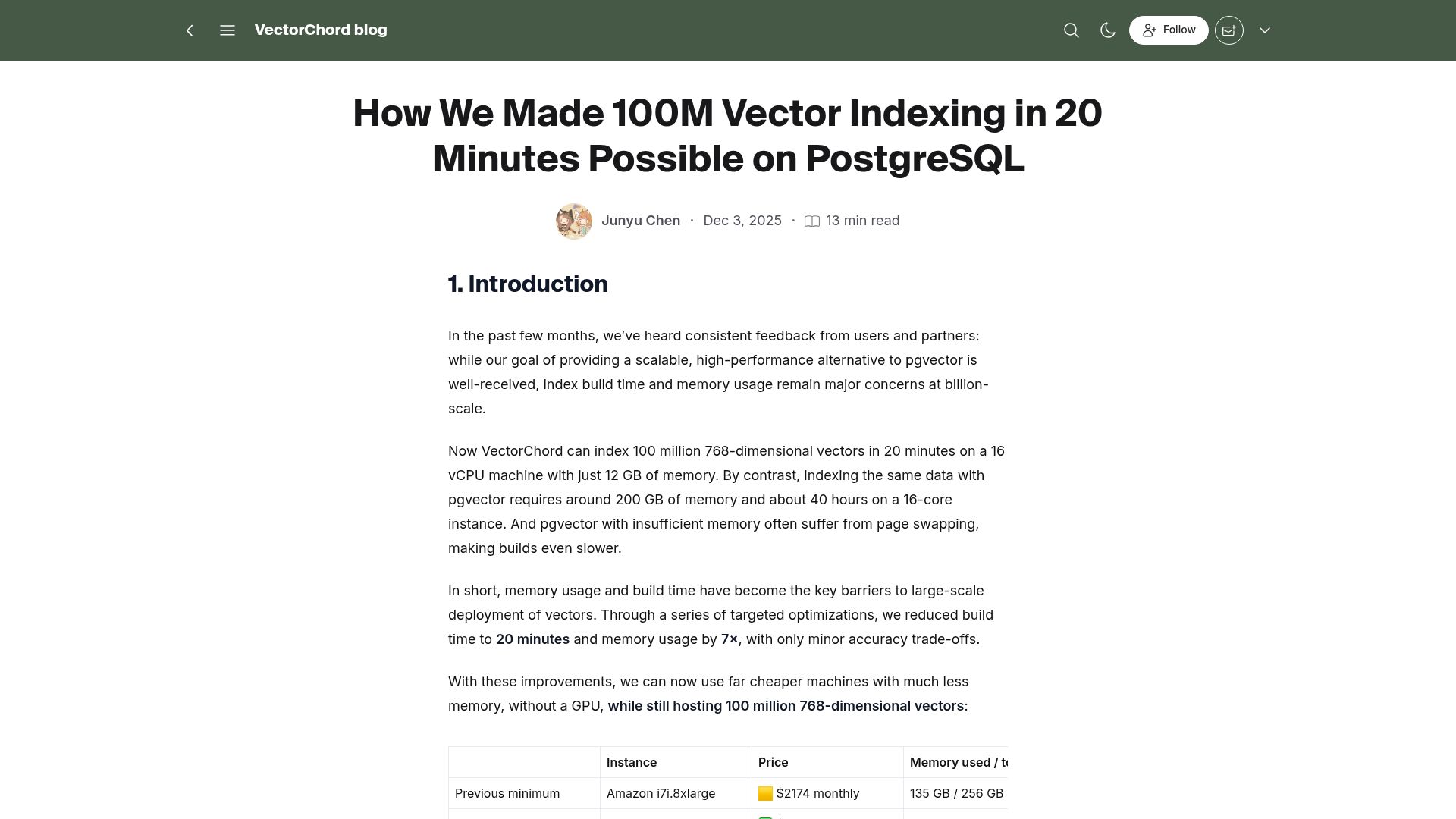 Screenshot of blog.vectorchord.ai: Indexing 100M vectors in 20 minutes on PostgreSQL with 12GB RAM