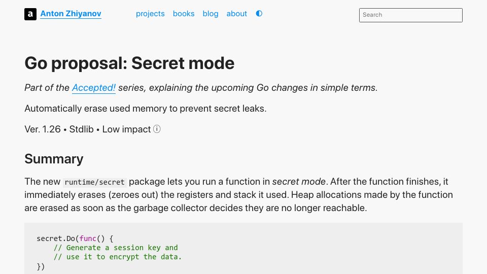 Screenshot of antonz.org: Go Proposal: Secret Mode