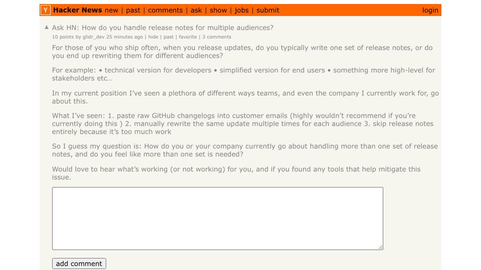 Screenshot of Hacker News post: Ask HN: How do you handle release notes for multiple audiences?