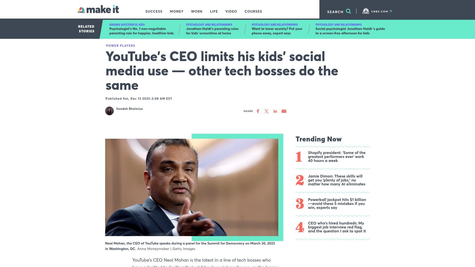 Screenshot of cnbc.com: YouTube's CEO limits his kids' social media use – other tech bosses do the same