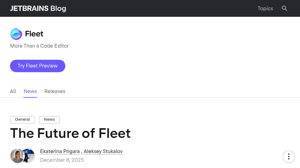 Screenshot of blog.jetbrains.com: JetBrains cancels Fleet