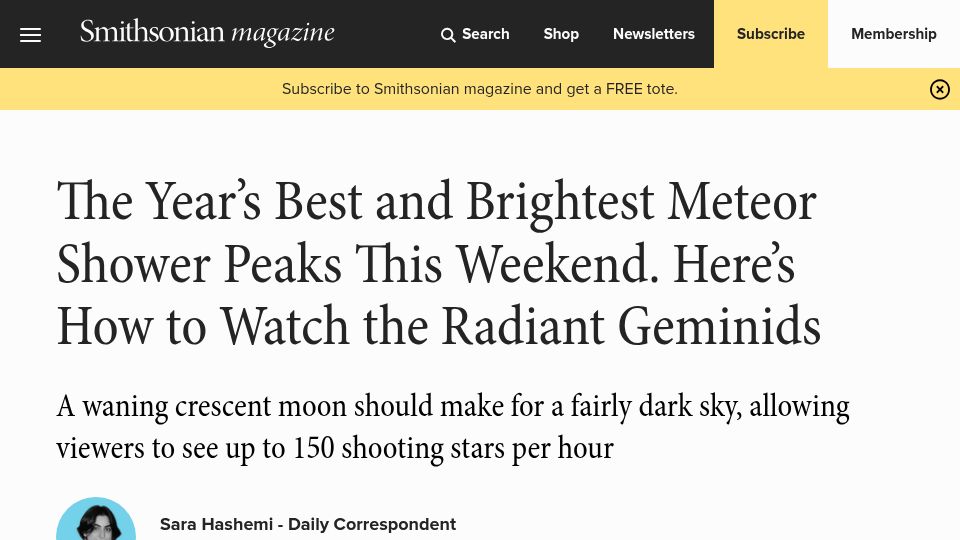 Screenshot of smithsonianmag.com: How to Watch the Radiant Geminid Meteor Shower Tonight