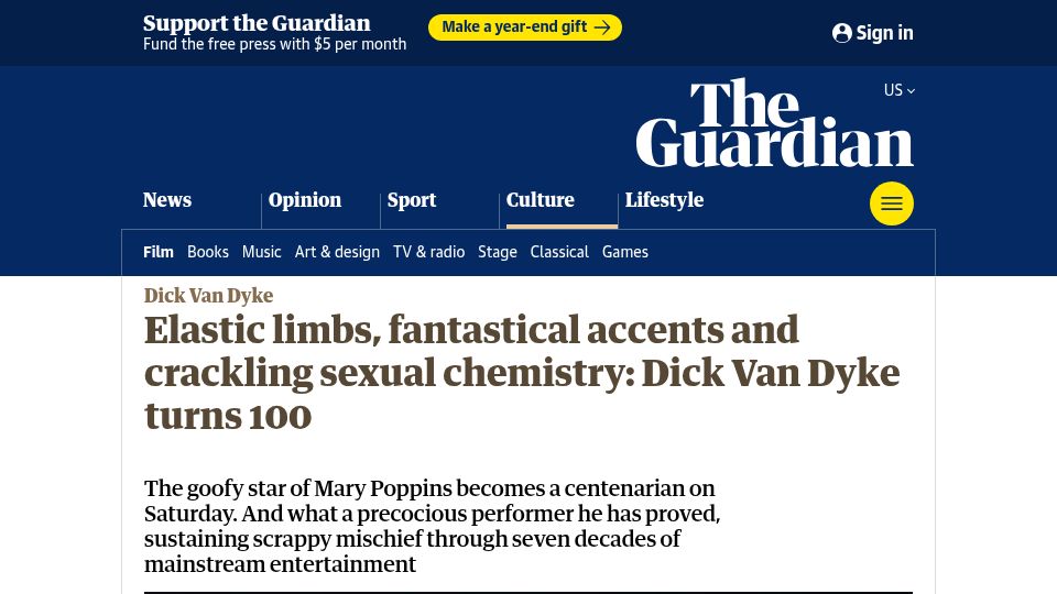 Screenshot of theguardian.com: Dick Van Dyke turns 100