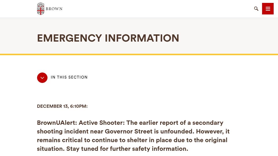 Screenshot of brown.edu: Multiple shootings by active shooter at Brown University