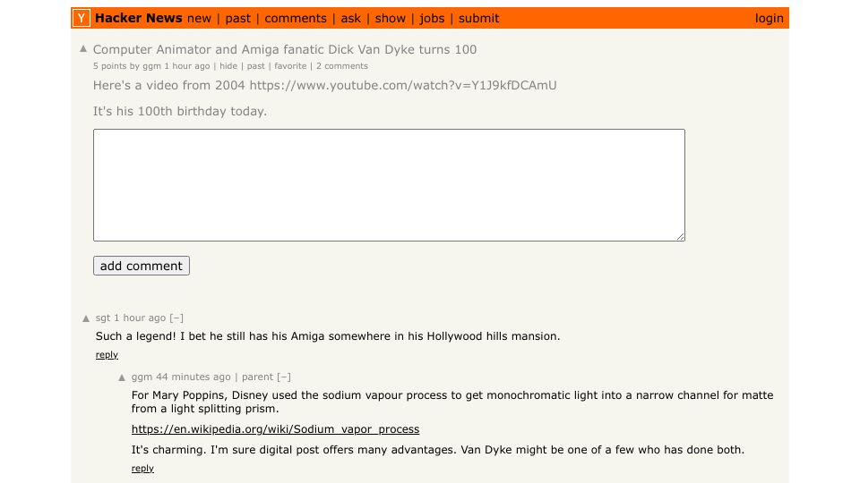 Screenshot of Hacker News post: Computer animator and Amiga fanatic Dick van Dyke turns 100