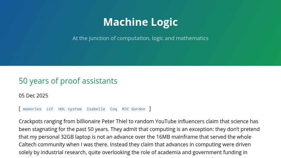 Screenshot of lawrencecpaulson.github.io: 50 years of proof assistants