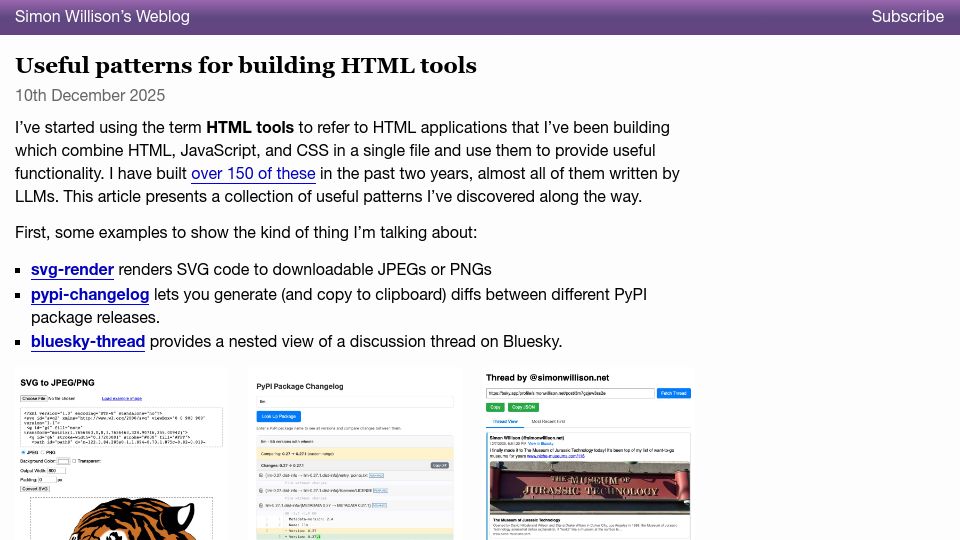 Screenshot of simonwillison.net: Useful patterns for building HTML tools