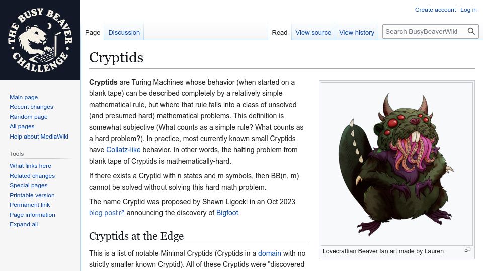 Screenshot of wiki.bbchallenge.org: Cryptids