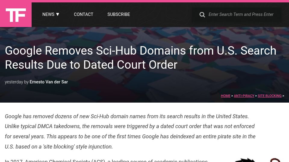Screenshot of torrentfreak.com: Google removes Sci-Hub domains from U.S. search results due to dated court order