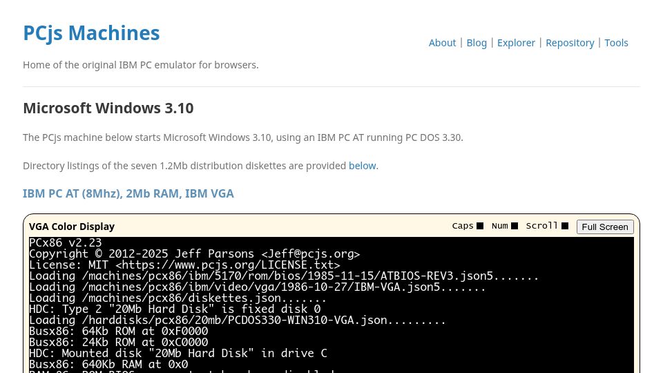 Screenshot of pcjs.org: Windows 3.1 in the Browser