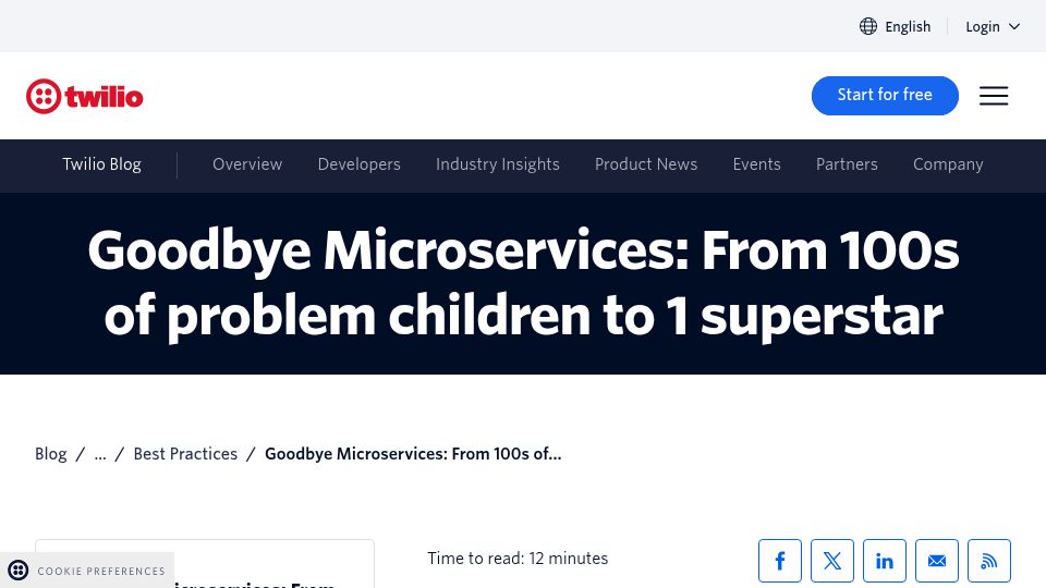 Screenshot of twilio.com: Why Twilio Segment moved from microservices back to a monolith