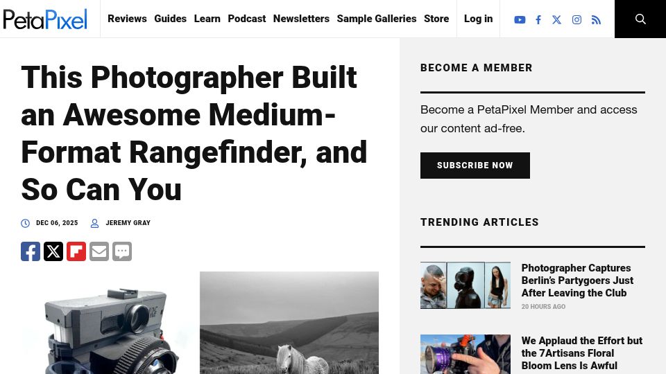 Screenshot of petapixel.com: Photographer built a medium-format rangefinder