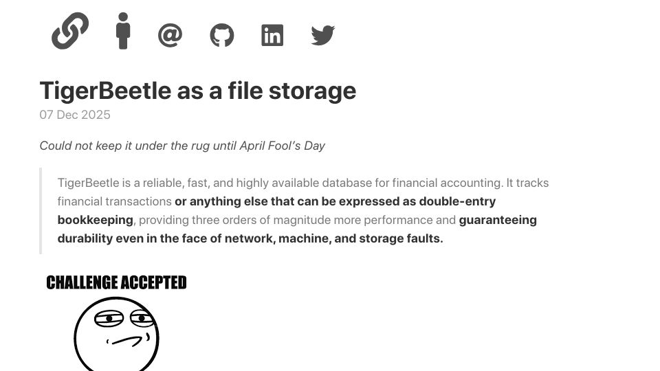 Screenshot of aivarsk.com: TigerBeetle as a File Storage