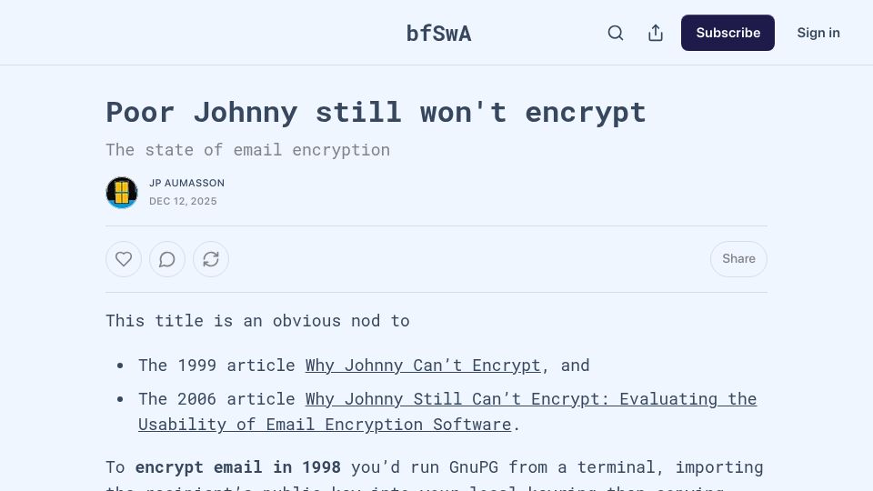 Screenshot of bfswa.substack.com: Poor Johnny still won't encrypt