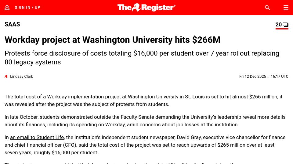 Screenshot of theregister.com: Workday project at Washington University hits $266M