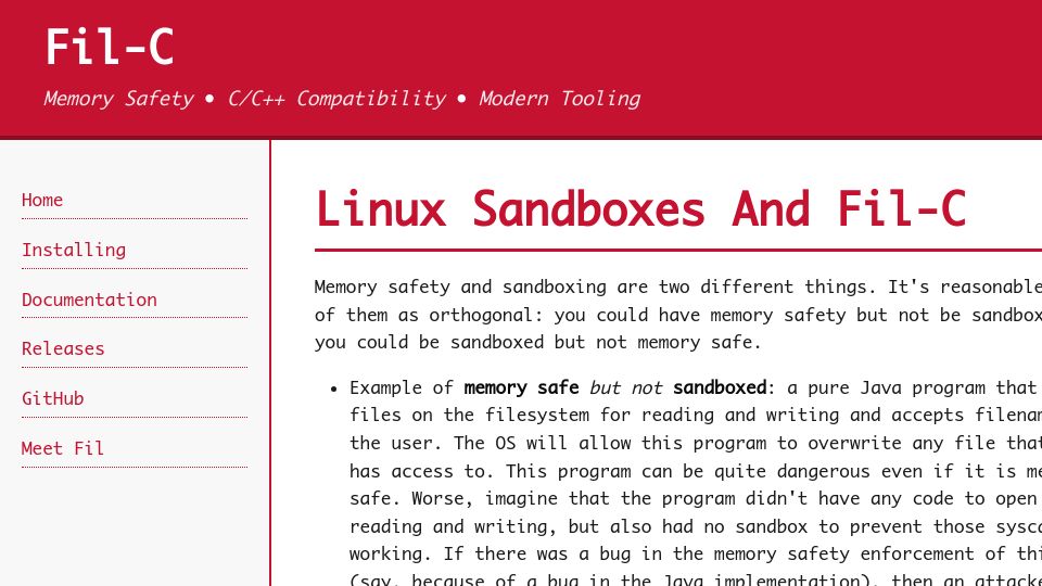 Screenshot of fil-c.org: Linux Sandboxes and Fil-C