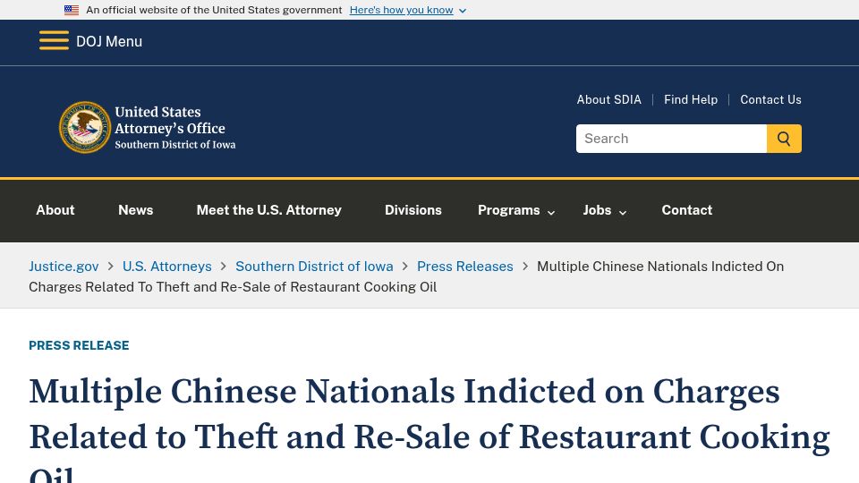 Screenshot of justice.gov: Multiple Indicted on Charges of Theft and Re-Sale of Restaurant Cooking Oil