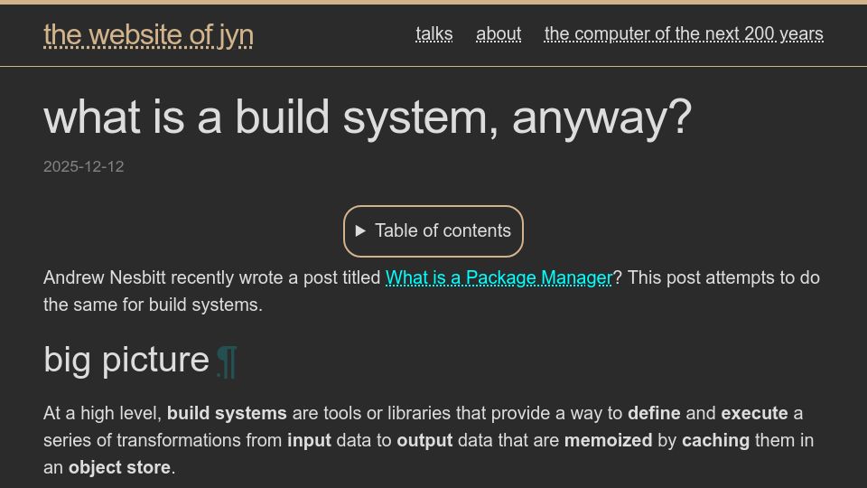 Screenshot of jyn.dev: What is a build system, anyway?