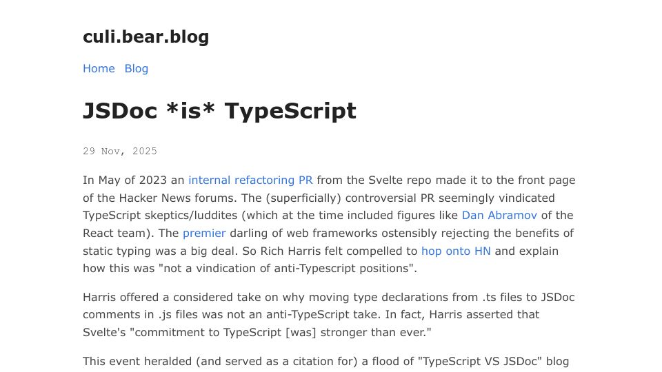 Screenshot of culi.bearblog.dev: JSDoc is TypeScript