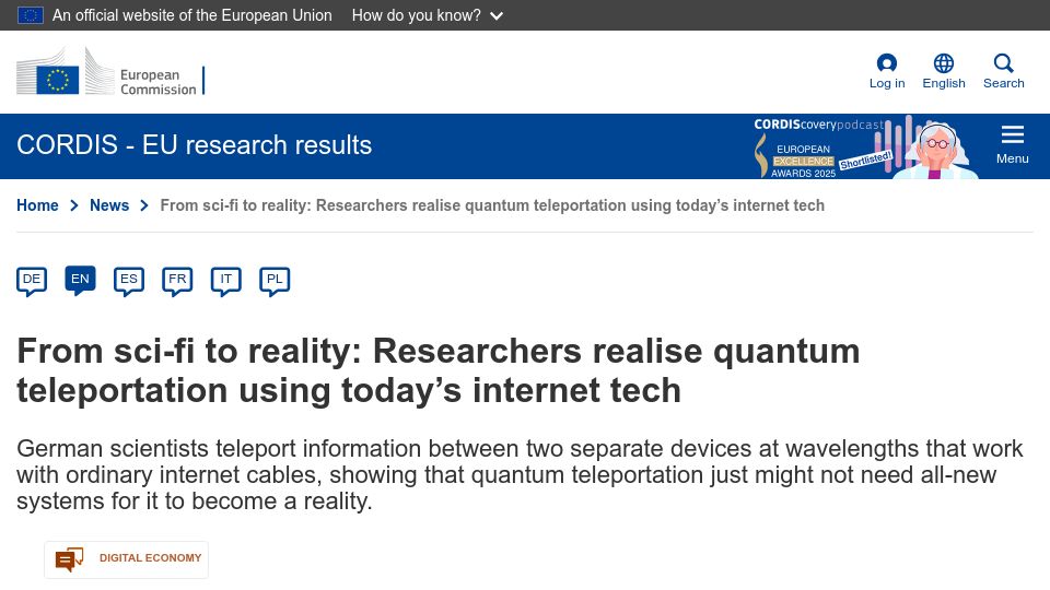 Screenshot of cordis.europa.eu: From sci-fi to reality: Researchers realise quantum teleportation using tech
