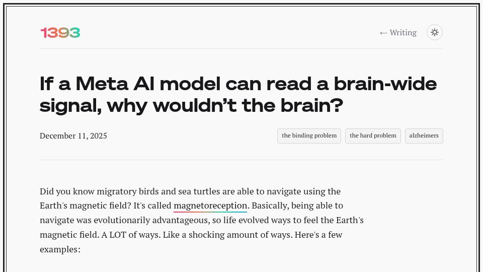 Screenshot of 1393.xyz: If a Meta AI model can read a brain-wide signal, why wouldn't the brain?