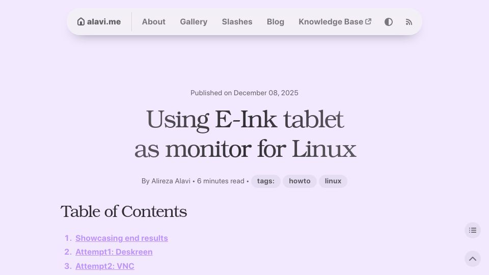Screenshot of alavi.me: Using e-ink tablet as monitor for Linux