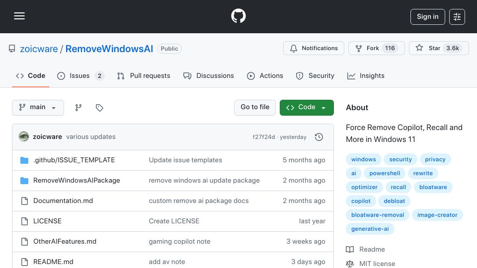 Screenshot of github.com: RemoveWindowsAI