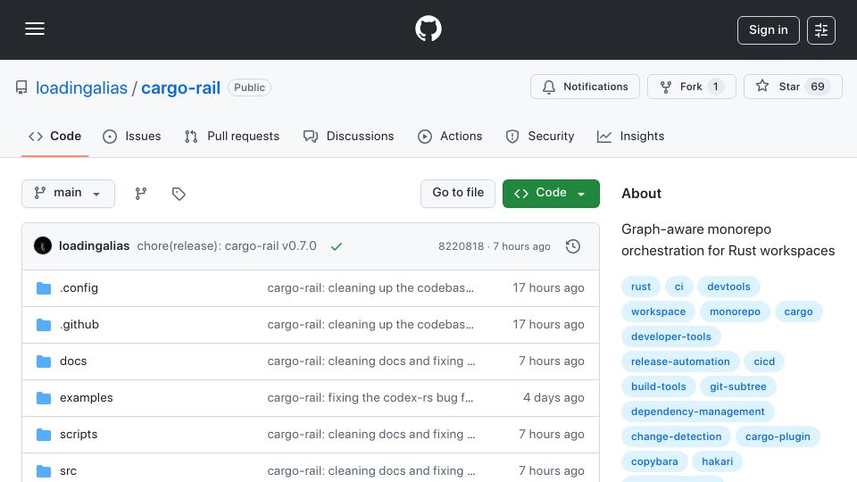 Screenshot of github.com: Show HN: Cargo-rail: graph-aware monorepo tooling for Rust; 11 deps