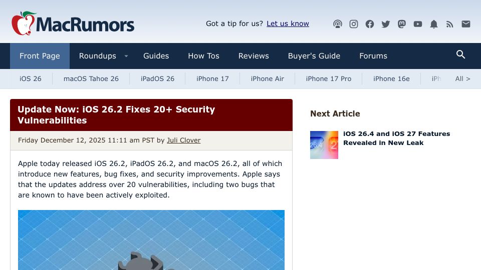 Screenshot of macrumors.com: iOS 26.2 fixes 20 security vulnerabilities, 2 actively exploited