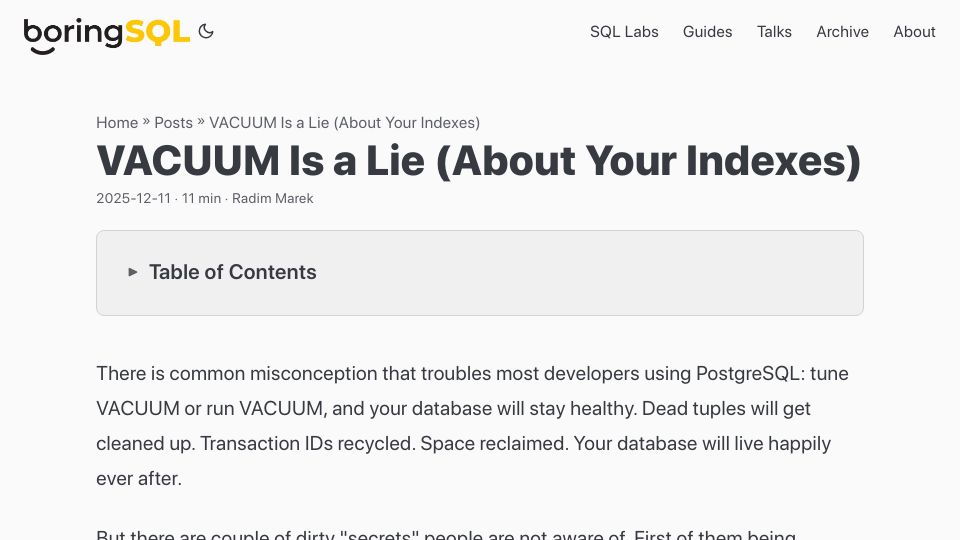 Screenshot of boringsql.com: Vacuum Is a Lie: About Your Indexes