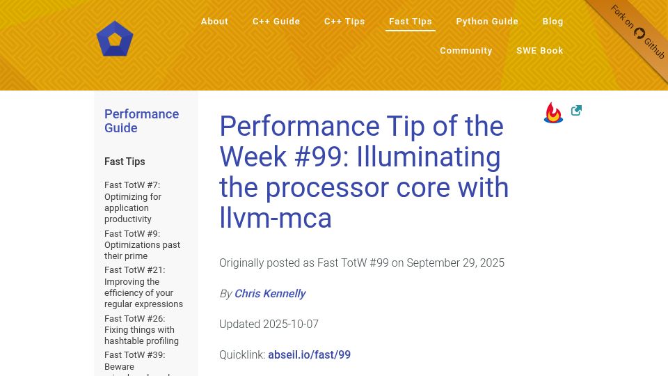 Screenshot of abseil.io: Illuminating the processor core with LLVM-mca